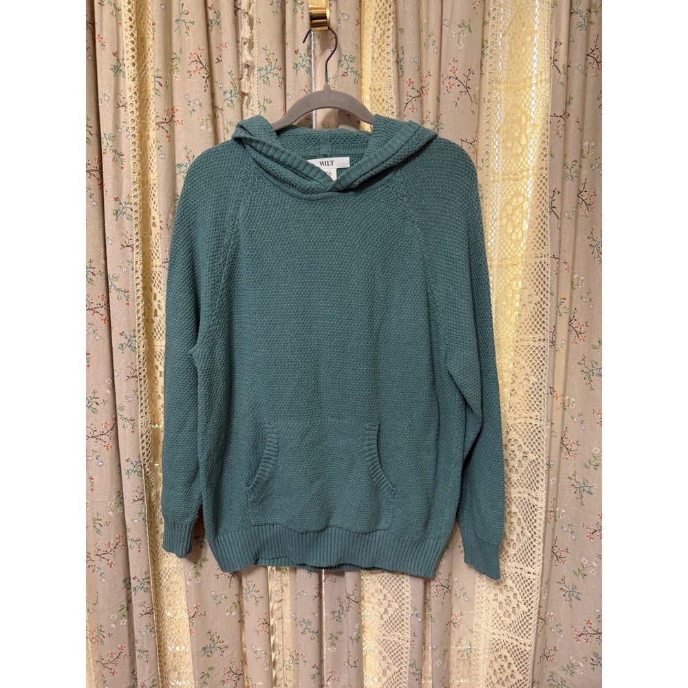 WILT Knit Hoodie Sweater Teal Cotton Blend Kangaroo Pocket Womens M